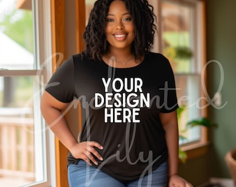 Bella Canvas 3001 TShirt Mockup Plus Size Black Model Mockup Black Tee Mockup Black T-Shirt African American Model Digital Download Mockup