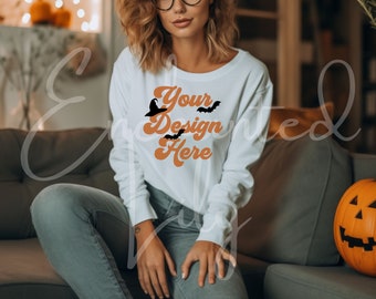 White Gildan 18000 Sweatshirt Mockup for Halloween Model Mockup White Sweatshirt Fall Sweater Mockup Crewneck Sweatshirt Mockup