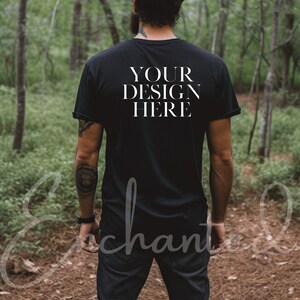 Back of Black Bella Canvas 3001 Mockup T-Shirt Mockup Male t-shirt Mockup Model Mockup in Nature Woods Black Tshirt mock Model 3001 Mockup