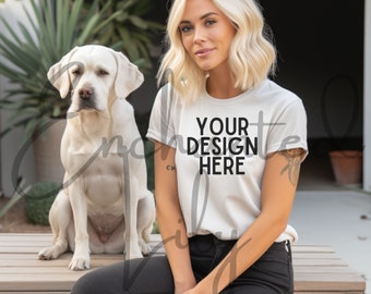 Bella Canvas 3001 Mockup | Bella Canvas White Shirt Mockup with Dog | White Tshirt Mockup | Women Mockup