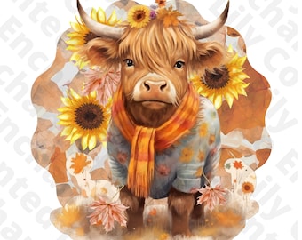 Highland Cow With Sunflowers Fall Design Fall PNG Design PNG Digital Download