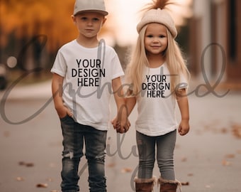 Bella Canvas 3001T Hermano Camiseta blanca Mockup Modelos Niño Niño Niña Hermano Hermana Camiseta Mock up Childs Shirt Kids Friends Tee Mockup