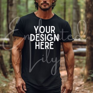 Black Bella Canvas 3001 Mockup T-Shirt Mockup Male t-shirt Mockup Model Mockup in Nature Woods Black Tshirt mock Model 3001 Mockup