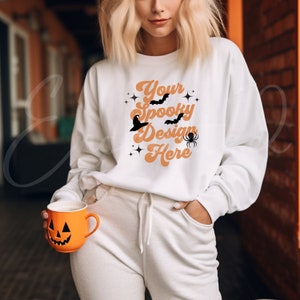 Gildan 18000 White Sweatshirt Mockup White Sweatshirt White Mockup Model Mockup Fall Mockup Halloween Mockup Gildan Mockup Fall Mock up