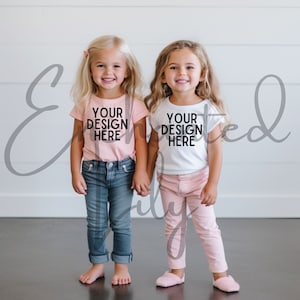 Bella Canvas 3001T Kids White and Pink T-Shirt Mockup Models | Toddler Girl TShirt Mock up | Childs Shirt | Kids Friends Tee Mockup