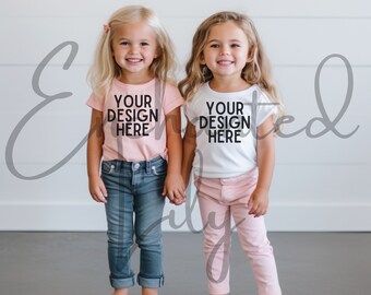 Bella Canvas 3001T Kids White and Pink T-Shirt Mockup Models / Toddler Girl TShirt Mock up / Childs Shirt / Kids Friends Tee Mockup