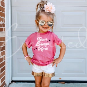 Kids Mockup Comfort Colors C9018 Youth Crunchberry Shirt Mockup Girl Model Mockup Girls Pink Toddler Shirt Outdoor Mock up Kids Mock up