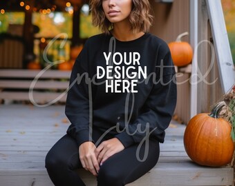 Maquette Gildan 18000 | Maquette de sweat noir Gildan | Maquette de modèle de sweat-shirt | Gildan Noir | 18000 maquette noire | Maquette d'automne Boho