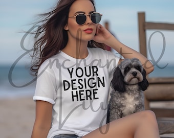 Bella Canvas 3001 Mockup / Bella Canvas White Shirt Mockup con perro / White Tshirt Mockup / Women Mockup / Summer Mockup