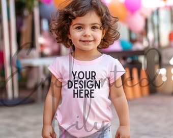Mockup de camiseta rosa para niños / Modelo boho / Mockup de camiseta para niños / Camiseta para bebés / Camiseta gráfica para niños pequeños / Bella Canvas / Mockup de cumpleaños / Niñas