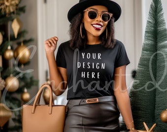 Bella Canvas 3001 TShirt Mockup Black Model Mockup Christmas Mockup Black T-Shirt African American Model Digital Download Mockup Shirt Mock
