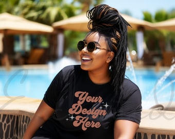 Bella Canvas 3001 TShirt Mockup Plus Size Black Model Mockup Black Tee Mockup Black T-Shirt African American Model Digital Download Mockup