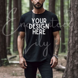Zwart Bella Canvas 3001 Mockup T-Shirt Mockup Mannelijke t-shirt Mockup Model Mockup in Nature Woods Zwart Tshirt mock Model 3001 Mockup