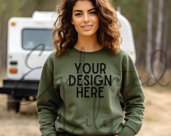 Gildan 18000 Mockup | Gildan Military Green Sweatshirt Mockup | Sweatshirt Model Mockup Gildan Military Green | 18000 Military Green Mockup