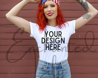 4. Juli Shirt Mockup White Bella Canvas Tshirt Mockup Patriotisches Modell Mock Printify Mockup Printful Mockup Rot Weiß und Blau Sommer