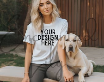 Bella Canvas 3001 Mockup / Bella Canvas White Shirt Mockup with Dog / White Tshirt Mockup / Women Mockup
