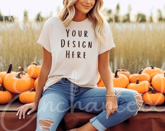 Bella Canvas 3001 Tshirt Mockup Fall Mockup Halloween Mockup Shirt Bella Canvas Shirt Soft Cream Shirt Mockup Model Mockup Fall Mock Up