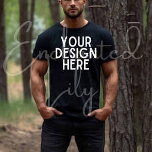 Black Bella Canvas 3001 Mockup T-Shirt Mockup Male t-shirt Mockup Model Mockup in Nature Woods Black Tshirt mock Model 3001 Mockup