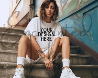 Comfort Colors C1717 White Tshirt Mockup Oversized White Outdoors Mockup Model Mockup Aesthetic Mockup Trendy Mock White Colored Shirt