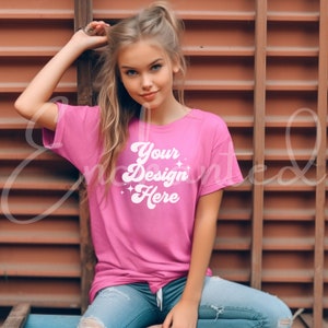 Youth Mockup Comfort Colors C9018 Youth Crunchberry Shirt Mockup Girl Model Mockup Girls Pink Toddler Shirt Outdoor Mock up Kids Mock up