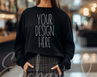 Gildan 18000 Black Mockup Gildan Black Sweatshirt Mockup Sweatshirt Model Mockup Black Gildan Crewneck Mockups 18000 Mock up Fall Mockup