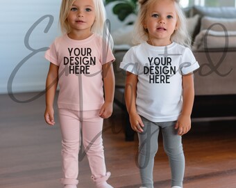 Bella Canvas 3001T Kids White and Pink T-Shirt Mockup Models / Siblings Toddler Girl TShirt Mock up / Childs Shirt / Kids Friends Tee Mockup