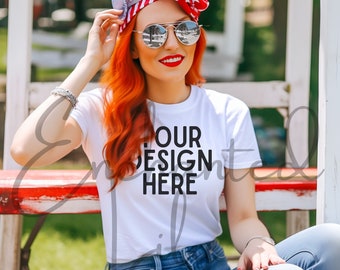 4. Juli Shirt Mockup White Bella Canvas Tshirt Mockup Patriotisches Modell Mock Printify Mockup Printful Mockup Rot Weiß und Blau Sommer