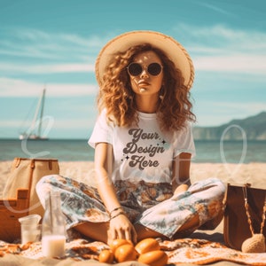 Bella Canvas 3001 Mockup | Bella Canvas White Shirt Mockup Beach Summer Mockup | White Tshirt Mockup | Women Mockup