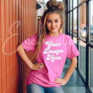 Youth Mockup Comfort Colors C9018 Youth Crunchberry Shirt Mockup Girl Model Mockup Girls Pink Toddler Shirt Outdoor Mock up Kids Mock up