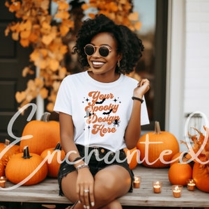 Bella Canvas 3001 Camiseta Maqueta Afroamericana Halloween Maqueta Camisa Bella Canvas Camisa Blanca Camisa Maqueta Modelo Negro Maqueta Otoño Maqueta