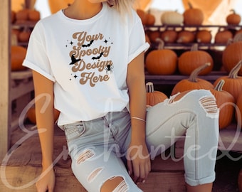 Bella Canvas 3001 Tshirt Mockup Fall Mockup Halloween Mockup Shirt Bella Canvas Shirt White Shirt Mockup Model Mockup Fall Mock Up