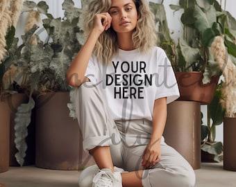 Comfort Colors C1717 White Tshirt Mockup Oversized White Outdoors Mockup Model Mockup Aesthetic Mockup Trendy Mock White Colored Shirt