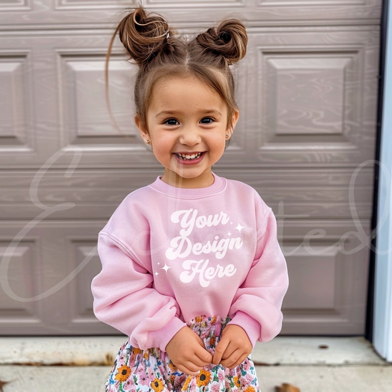 May include: A young girl wearing a pink sweatshirt with the text "Your Design Here" in white. She is smiling and has her hair in two buns.