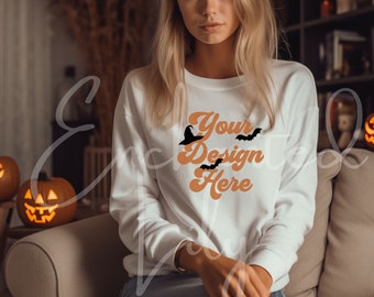 White Gildan 18000 Sweatshirt Mockup for Halloween Model Mockup White Sweatshirt Fall Sweater Mockup Crewneck Sweatshirt Mockup