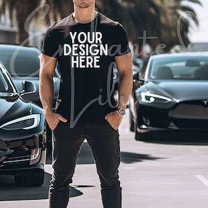Black Bella Canvas 3001 Mockup T-Shirt Mockup Male t-shirt Mockup Model Mockup in Nature Woods Black Tshirt mock Model 3001 Mockup