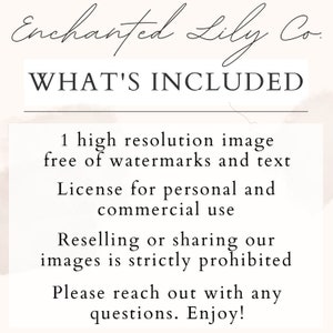 Op de afbeelding: Tekst die "Enchanted Lily Co." en "WHAT'S INCLUDED" leest in een decoratief lettertype. Onder de tekst staat een lijst met wat er bij een aankoop is inbegrepen: 1 hoge resolutie afbeelding zonder watermerken en tekst, Licentie voor persoonlijk en commercieel gebruik, Het doorverkopen of delen van onze afbeeldingen is ten strengste verboden, Neem contact met ons op als je vragen hebt. Geniet ervan!