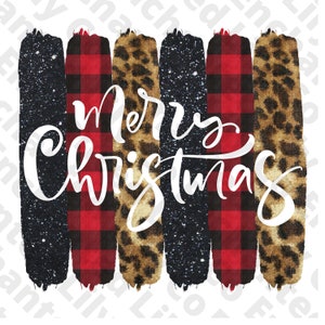 May include: A digital design featuring the words "Merry Christmas" in white script on a background of five vertical stripes. The stripes are black glitter, red and black buffalo plaid, leopard print, and black glitter.