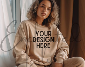 Gildan 18000 Mockup | Gildan Sand Sweatshirt Mockup | Sweatshirt Model Mockup | Gildan Sand | 18000 Sand Mockup