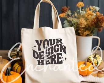 Borsa tote in tela Borsa tote naturale Borsa tote Mockup autunnale in tela Mockup Halloween Mockup Boho Borsa tote Mockup Borsa autunnale