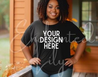 Bella Canvas 3001 TShirt Mockup Plus Size Black Model Mockup Black Tee Mockup Black T-Shirt African American Model Digital Download Mockup