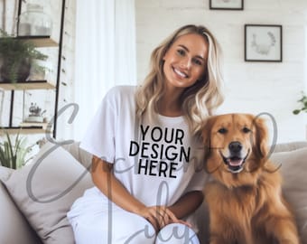 Bella Canvas 3001 Mockup | Bella Canvas White Shirt Mockup with Dog | White Tshirt Mockup | Women Mockup
