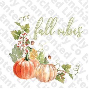 Pode incluir: Pintura em aquarela de duas abóboras com folhagem de outono e bagas. O texto "fall vibes" está escrito em caligrafia verde.