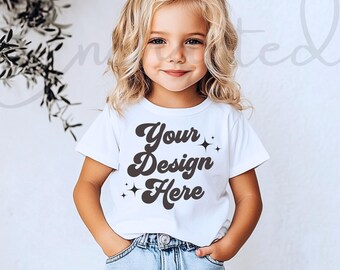 May include: A white t-shirt with short sleeves featuring the text "Your Design Here" in a retro font with black glitter accents.