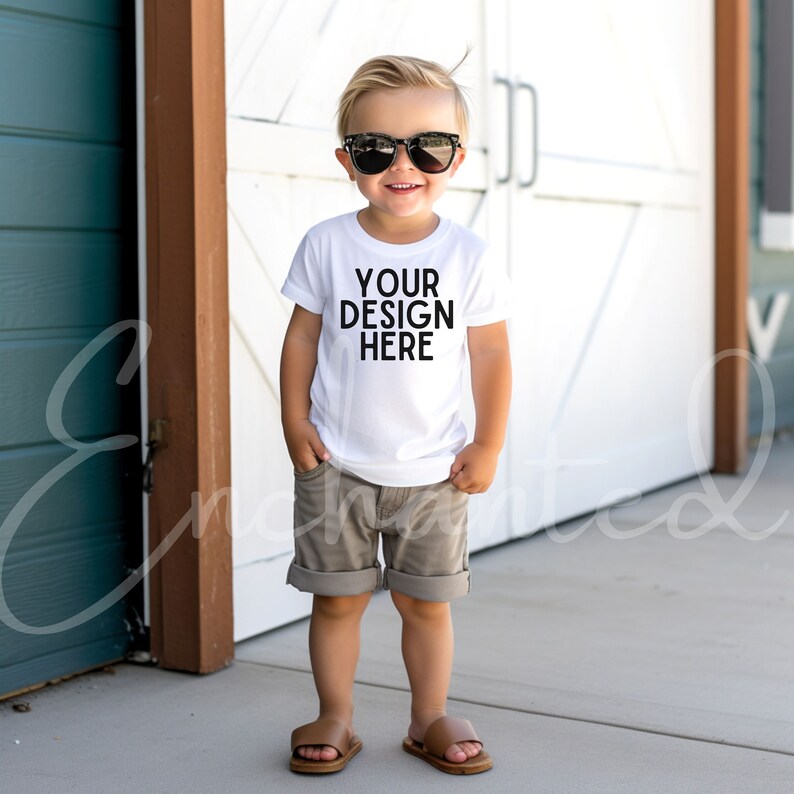 May include: A young child wearing a white t-shirt with the text "YOUR DESIGN HERE" printed on it. The child is wearing grey shorts and brown sandals. The child is standing in front of a white door.