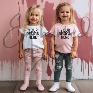 Bella Canvas 3001T Kids White and Pink T-Shirt Mockup Models | Toddler Girl TShirt Mock up | Childs Shirt | Kids Friends Tee Mockup