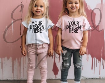Bella Canvas 3001T Kids White and Pink T-Shirt Mockup Models / Toddler Girl TShirt Mock up / Childs Shirt / Kids Friends Tee Mockup