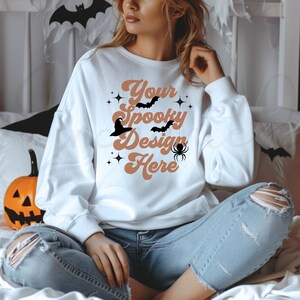 Gildan 18000 White Sweatshirt Mockup White Sweatshirt White Mockup Model Mockup Fall Mockup Halloween Mockup Gildan Mockup Fall Mock up
