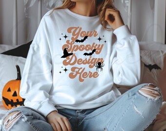 Gildan 18000 White Sweatshirt Mockup White Sweatshirt White Mockup Model Mockup Fall Mockup Halloween Mockup Gildan Mockup Fall Mock up