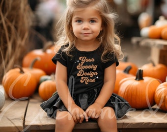 Può includere: Una bambina che indossa una maglietta nera con il testo "Your Spooky Design Here" in arancione. È seduta su una piattaforma di legno con zucche sullo sfondo.