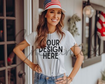 4. Juli Shirt Mockup White Bella Canvas Tshirt Mockup Patriotisches Modell Mock Printify Mockup Printful Mockup Rot Weiß und Blau Sommer